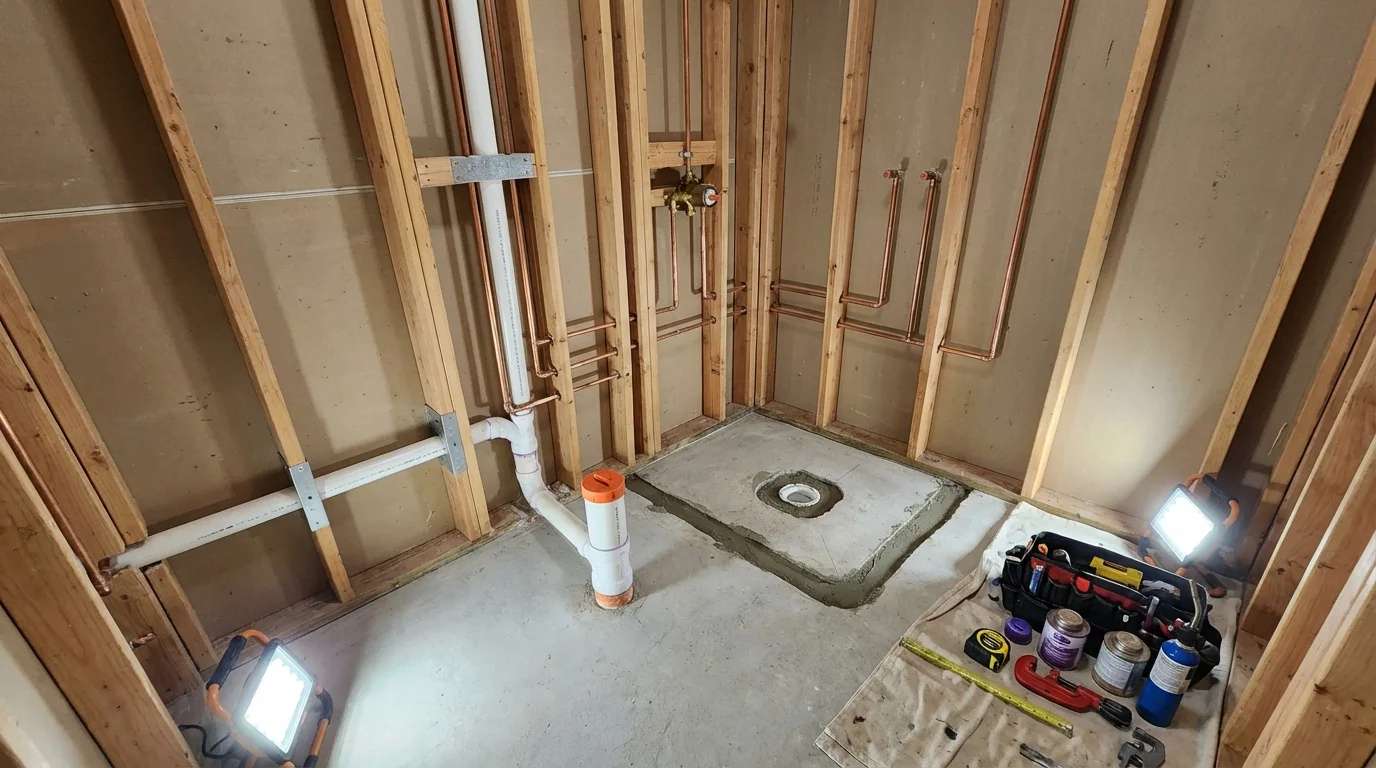 Bathroom rough-in plumbing during remodel by Johns Plumbing LLC in Medina