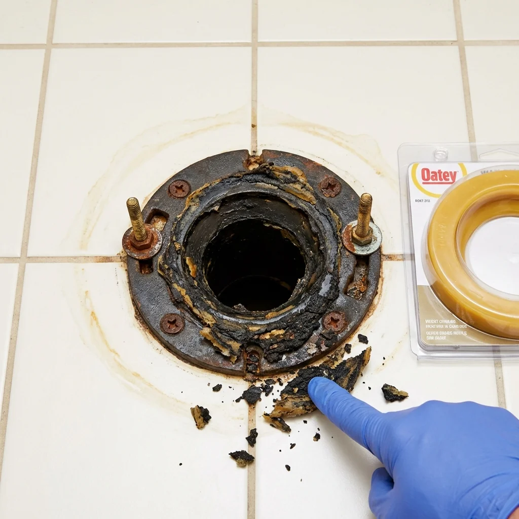 Failed wax ring showing water seepage at the base of a toilet in a Medina, TN home