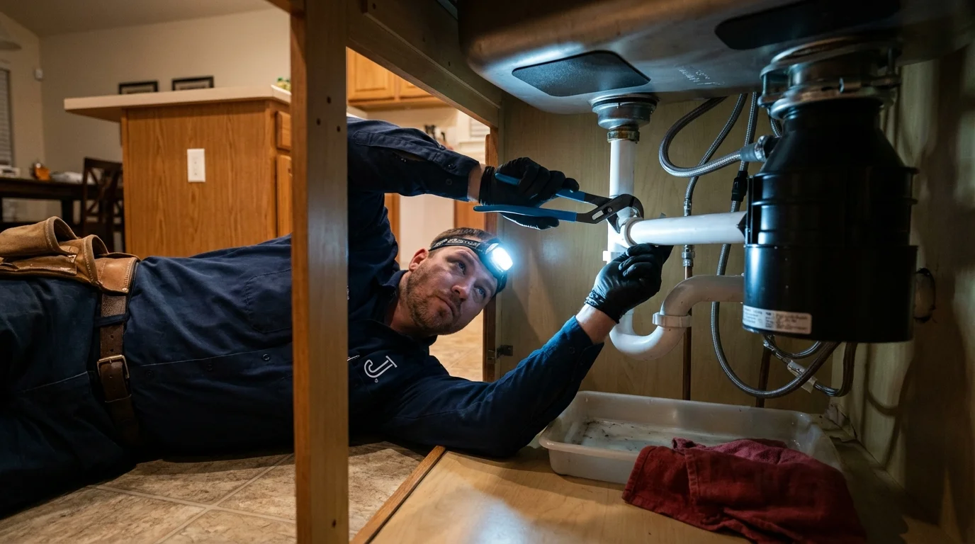 P-trap and supply line connections under a kitchen sink showing a common leak point in Medina, TN
